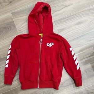 Off-White Red Hoodie with White Stripes